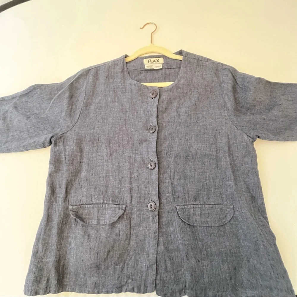 Flax Blue Gray Button 100% Linen Blazer Collarless Design Size Small - Picture 7 of 7